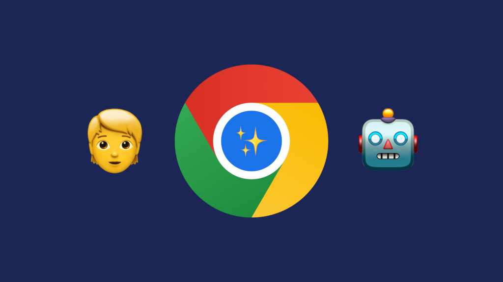 A blue background with three emojis centered horizontally: a blond-haired person emoji on the left, the Google Chrome logo with sparkles in the center, and a robot face emoji on the right.